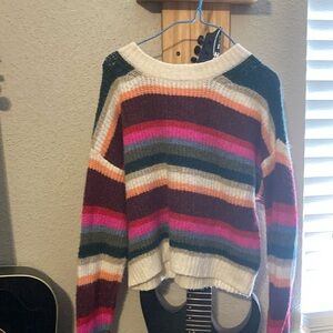 American Eagle Outfitters Pink and White Crew Neck Sweater